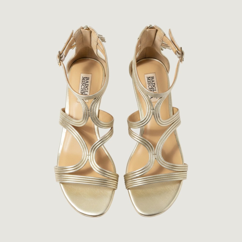 Badgley Mischka metallic gold strappy flat sandal multi roll detail ankle-wrap 7